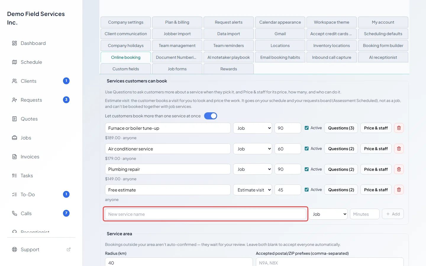 The Services customers can book list with its Add row