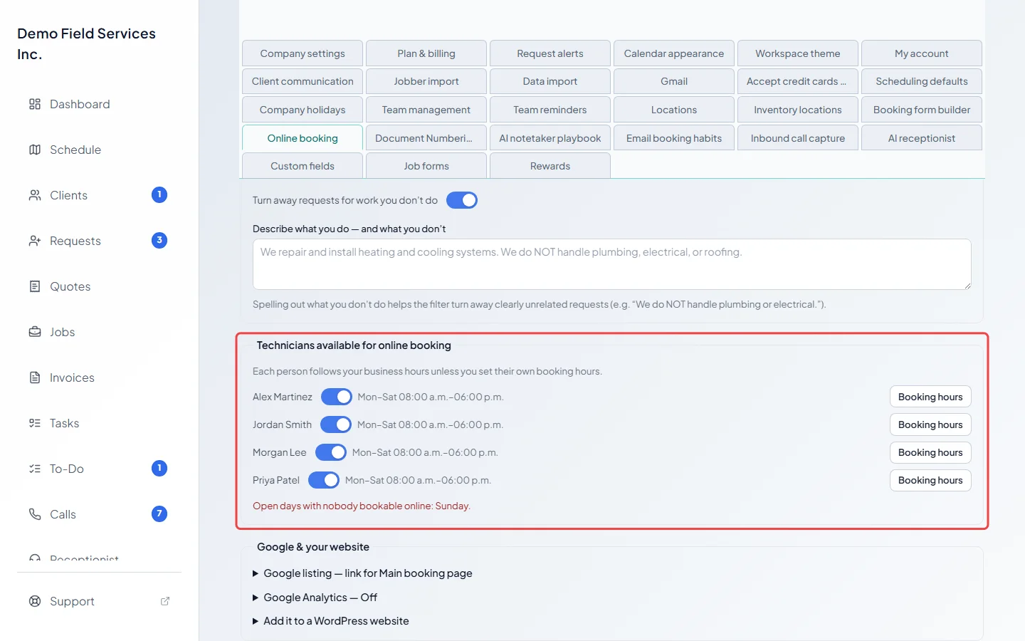 The Technicians available for online booking list with switches