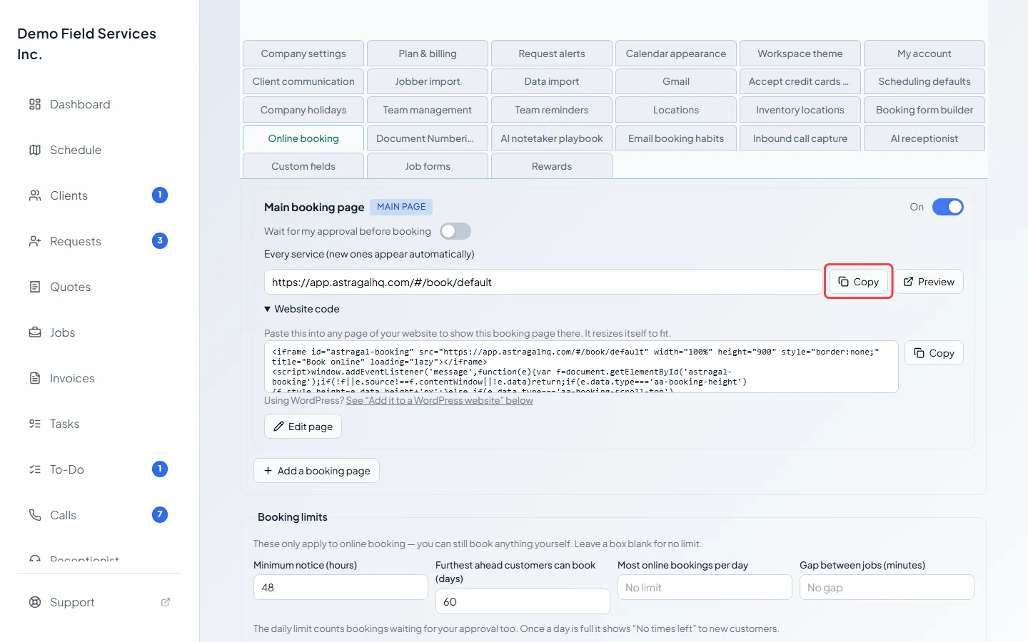 The main booking page card with its link and Copy button