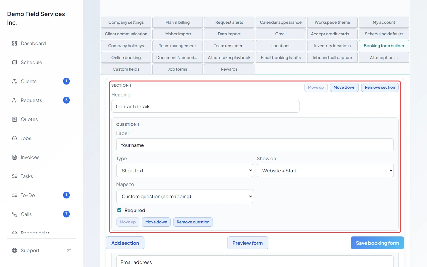 The booking form builder with the first section and its first question
