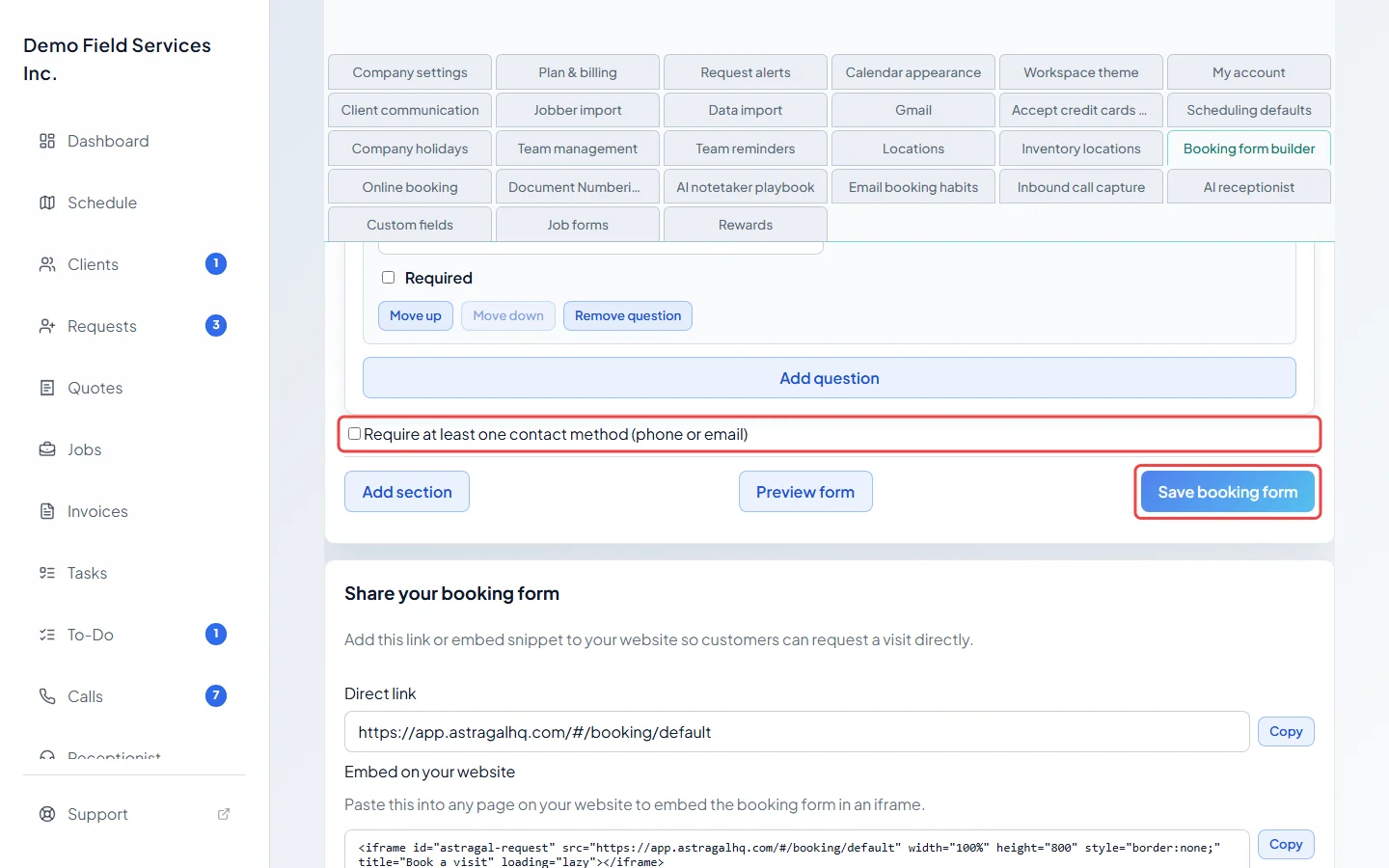 The contact rule and the Save booking form button