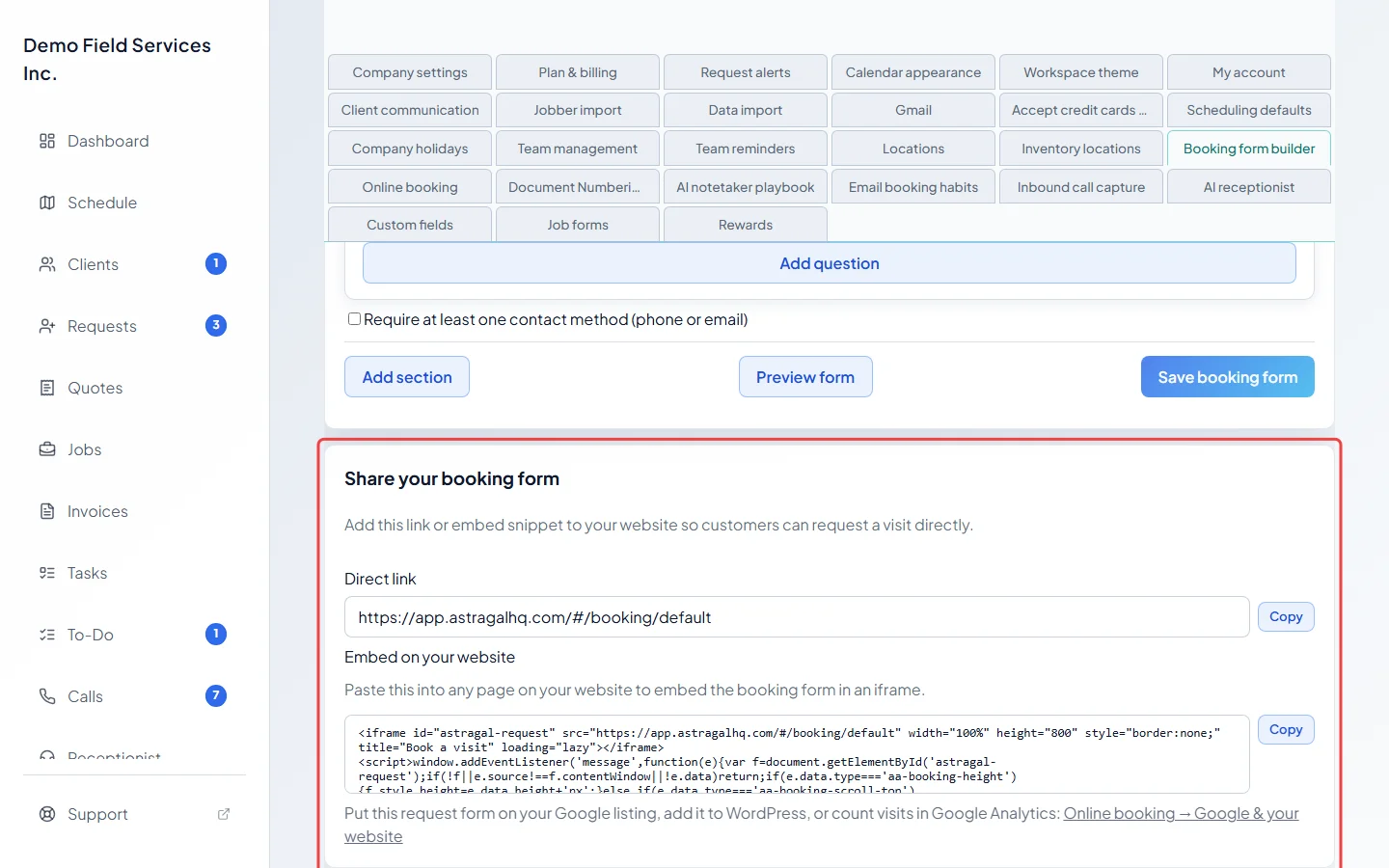The Share your booking form box with the direct link and embed code