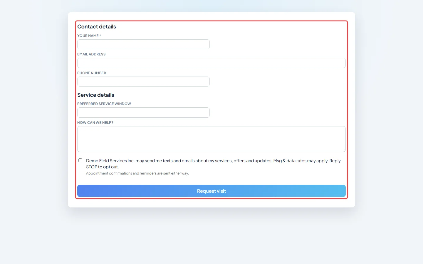 The public request form as customers see it