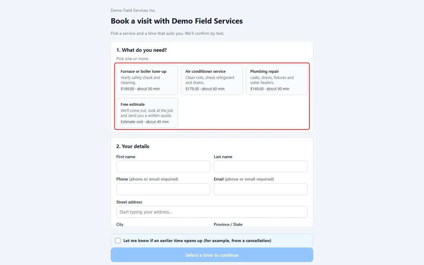 The services on the public booking page with prices and lengths