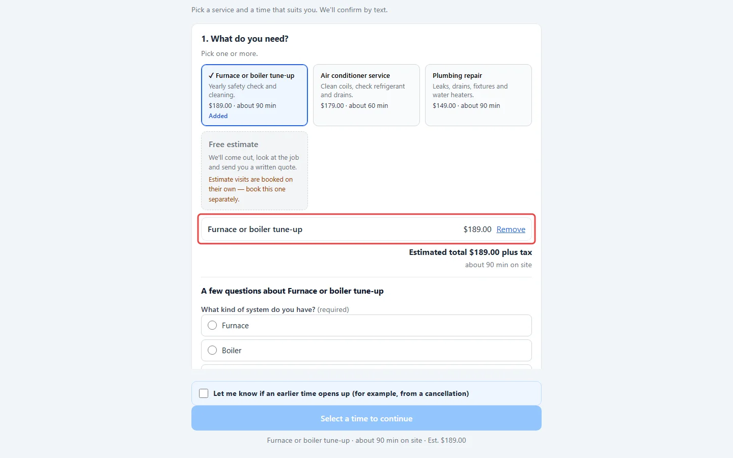 A picked service with its price and the estimated total