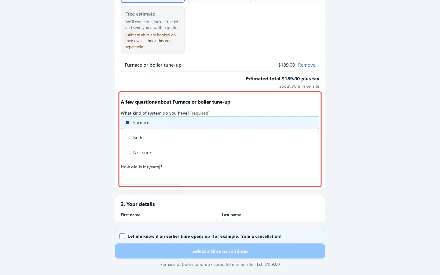 The questions about the picked service on the booking page