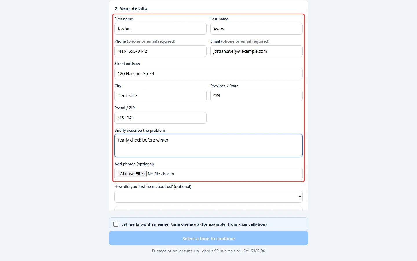 The Your details part of the booking page filled in