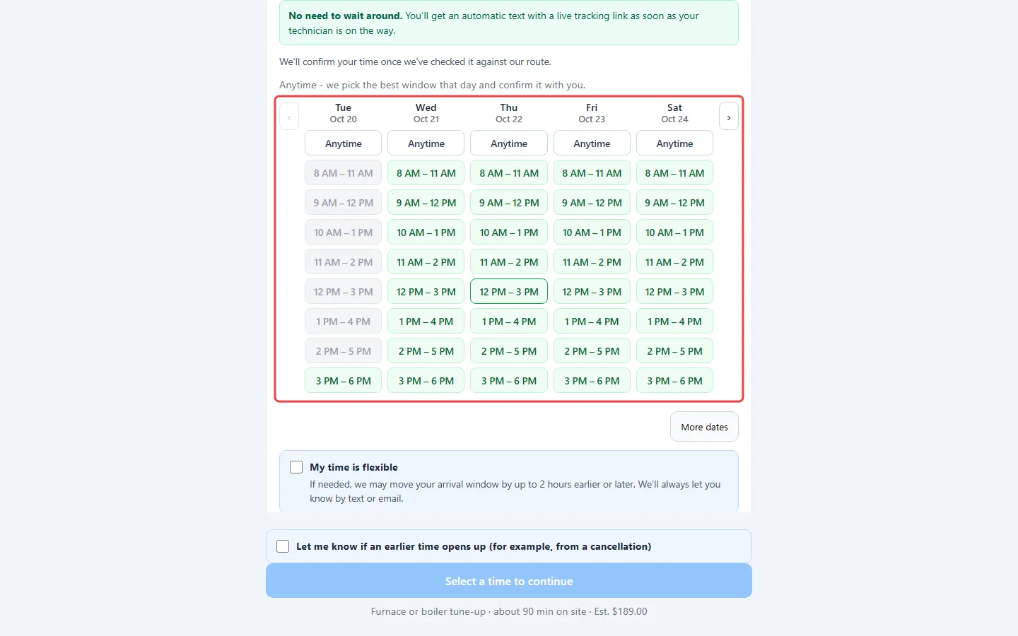 The Pick a time columns with arrival windows for each day