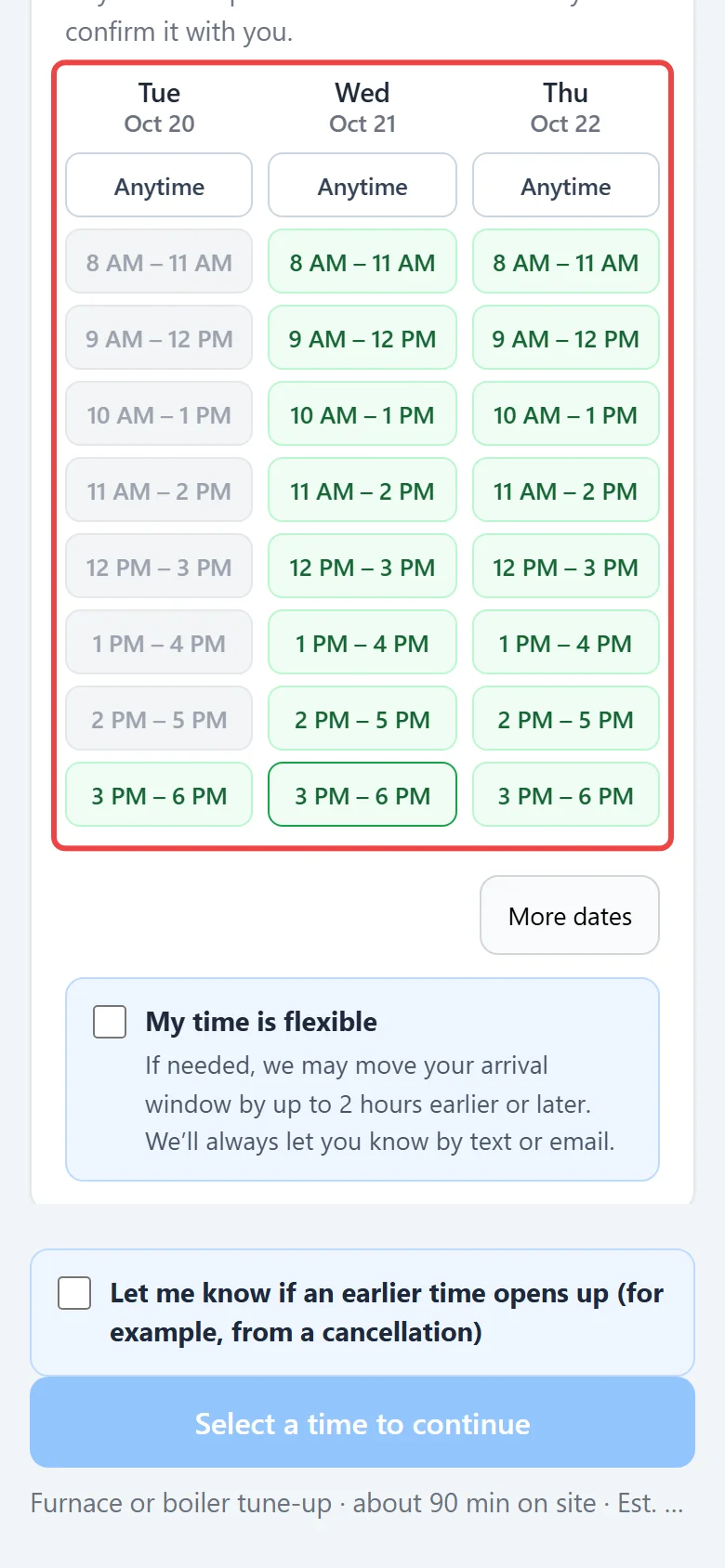 The booking page times on a phone screen
