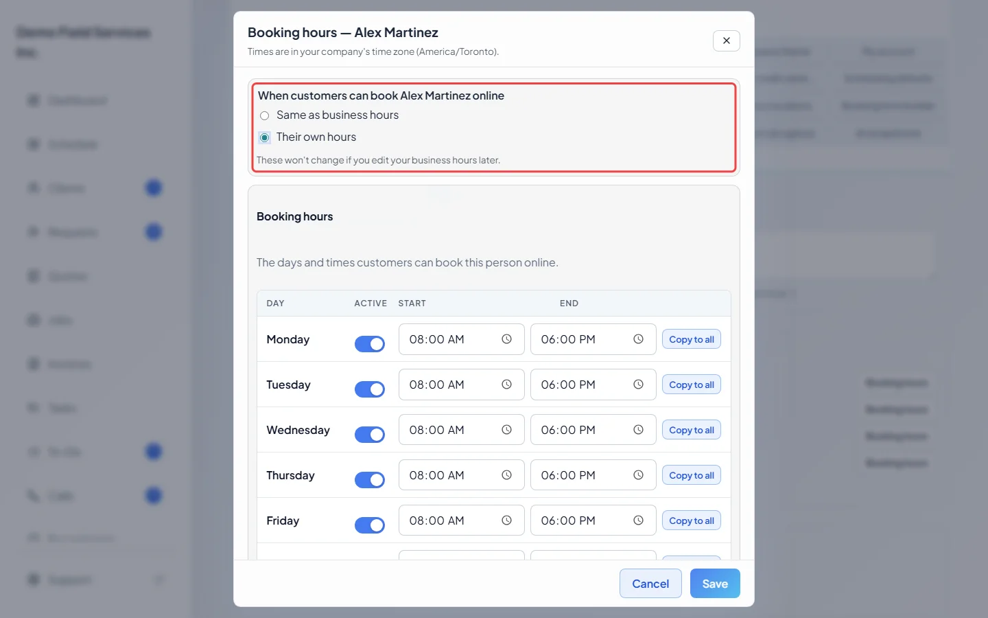 The Booking hours window with the two choices