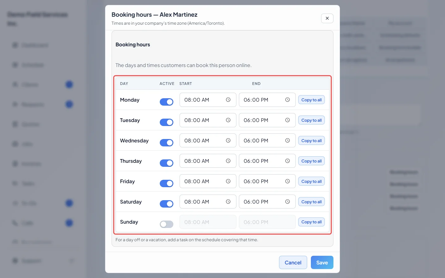 The days and times for a technician's own booking hours
