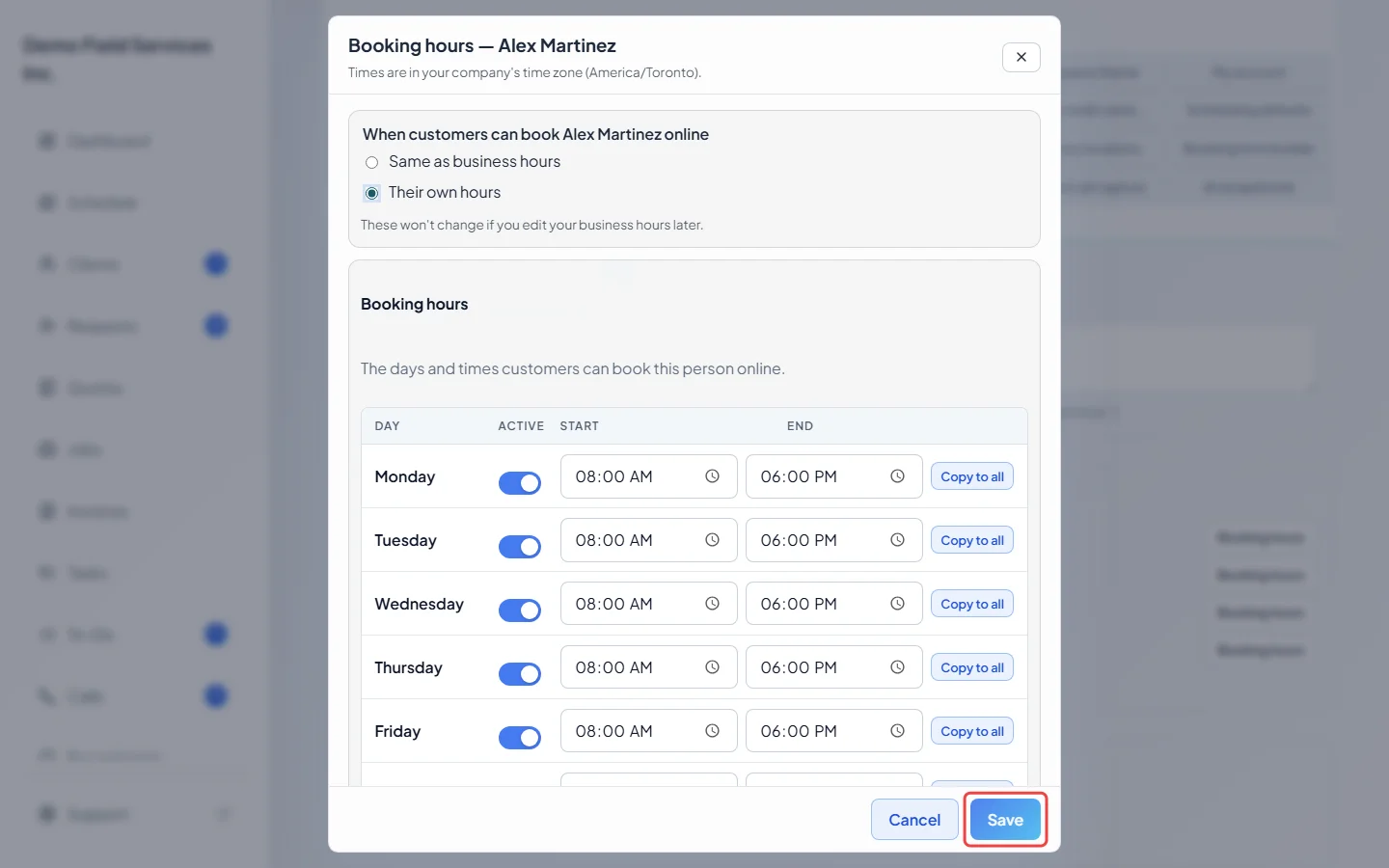 The Save button of the Booking hours window