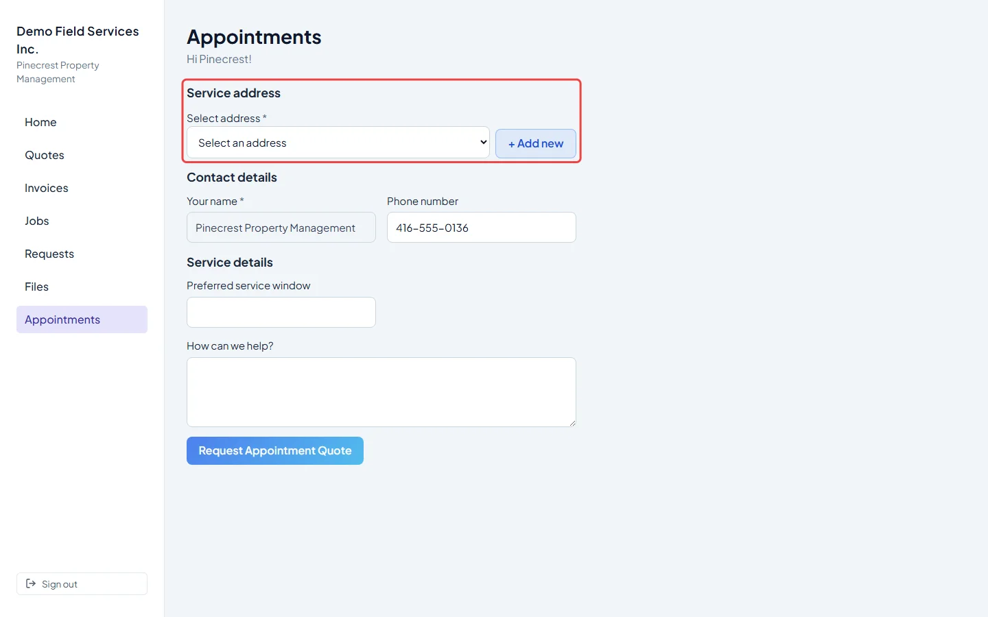 The Appointments page in the client portal with the service address picker