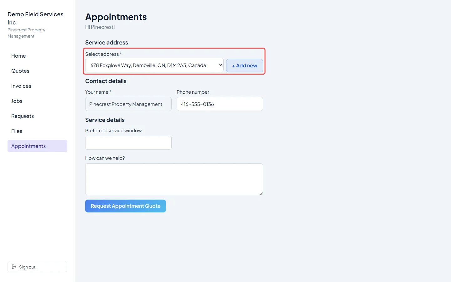 A property chosen in the Select address list