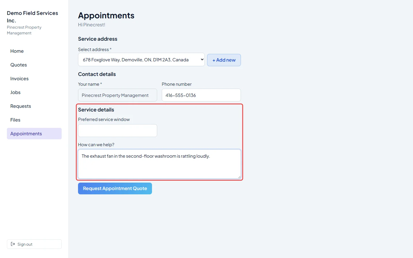 The Service details questions with an answer typed in