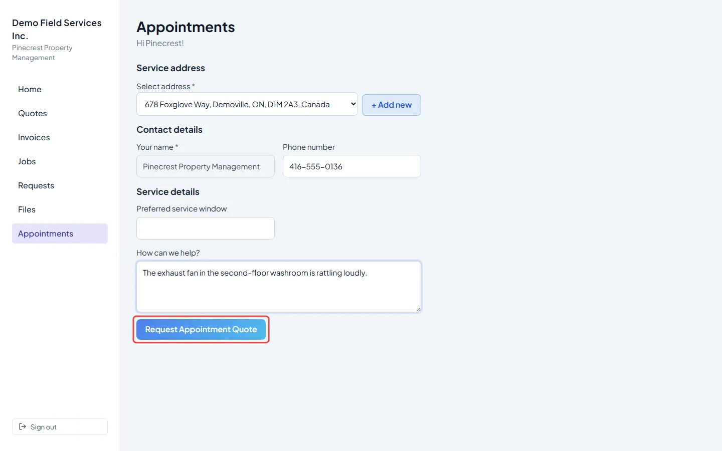 The Request Appointment Quote button at the bottom of the form