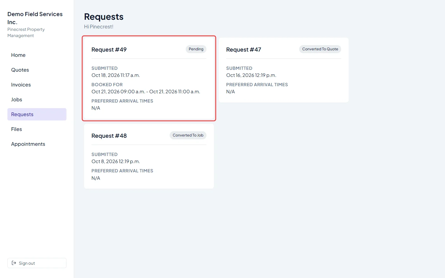 The Requests list in the client portal with request cards and their status