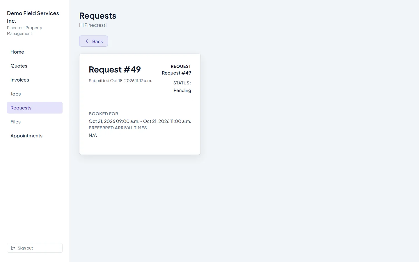 One request opened in the client portal
