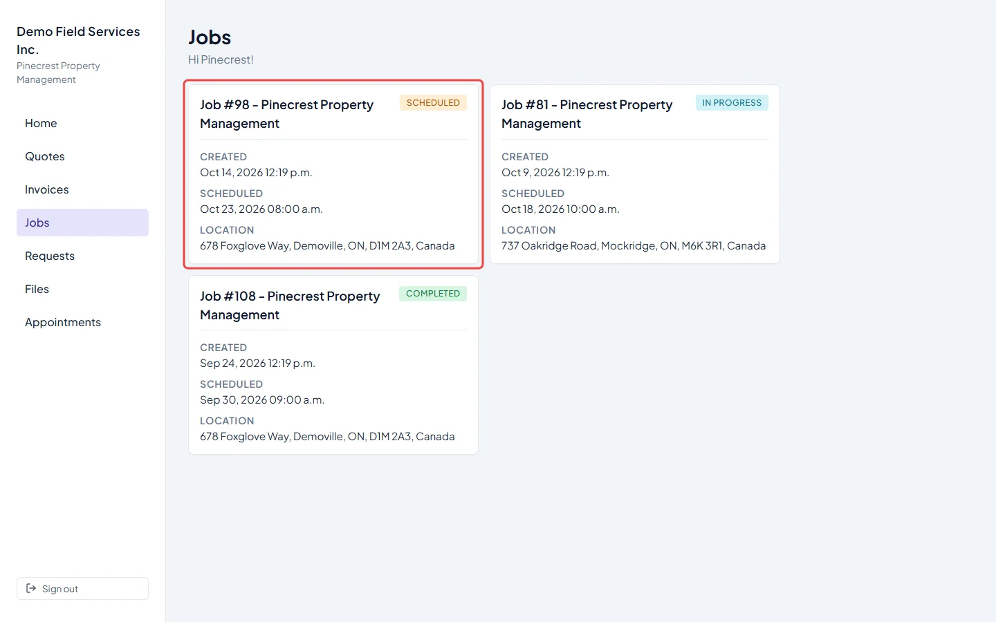The Jobs list in the client portal with job cards and their status