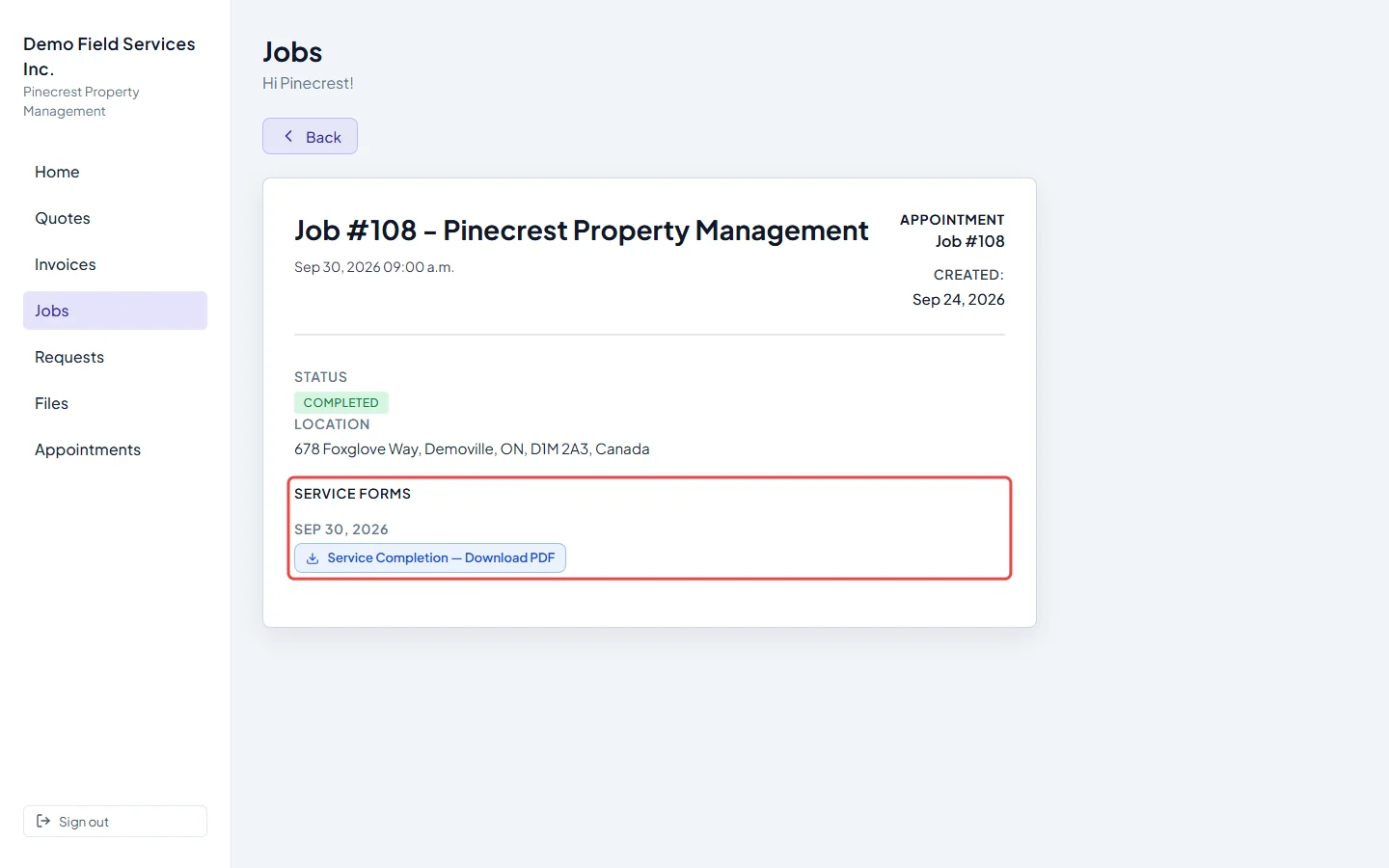 A job in the client portal with its finished service forms ready to download