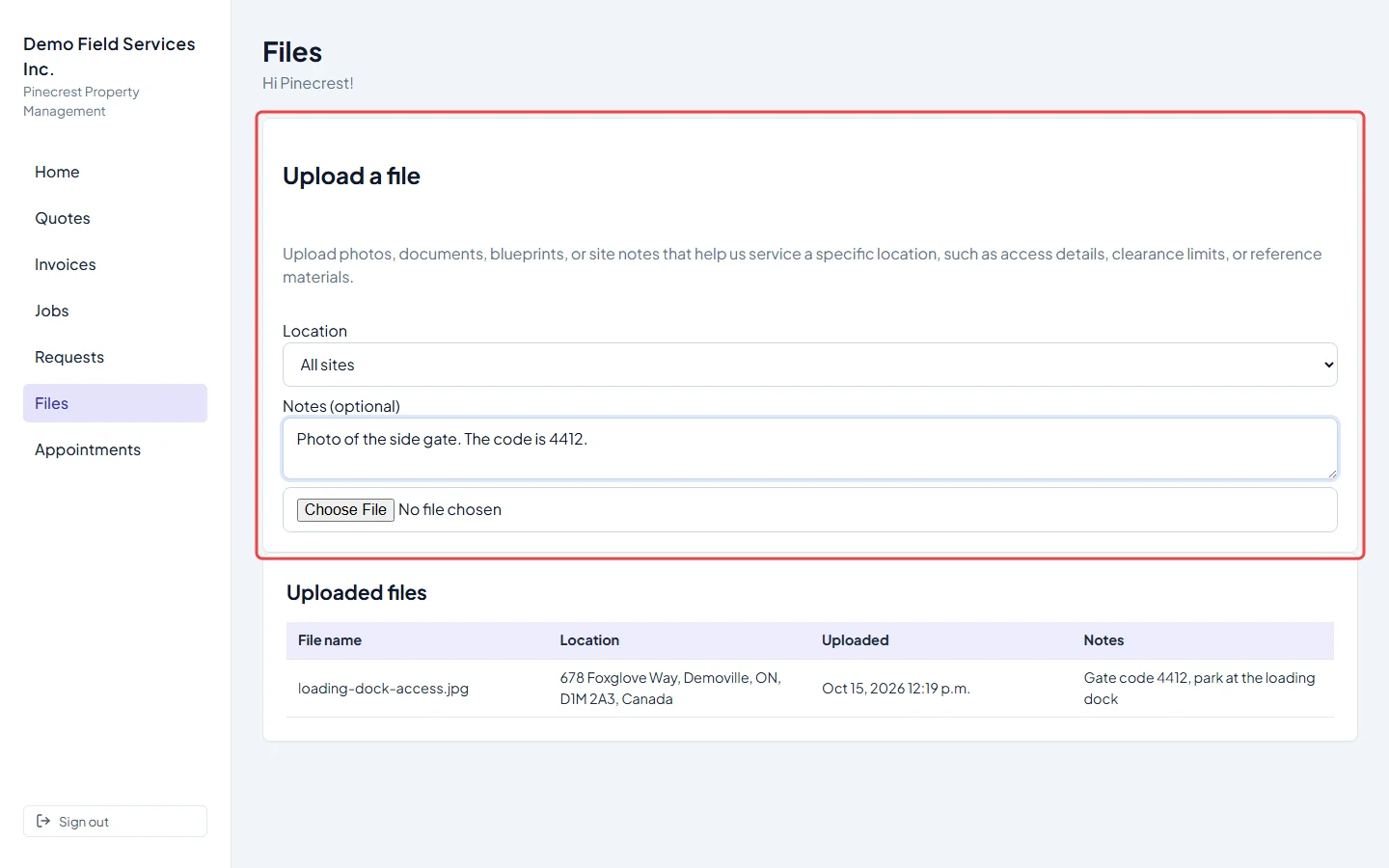 The Upload a file card with the Location and Notes boxes