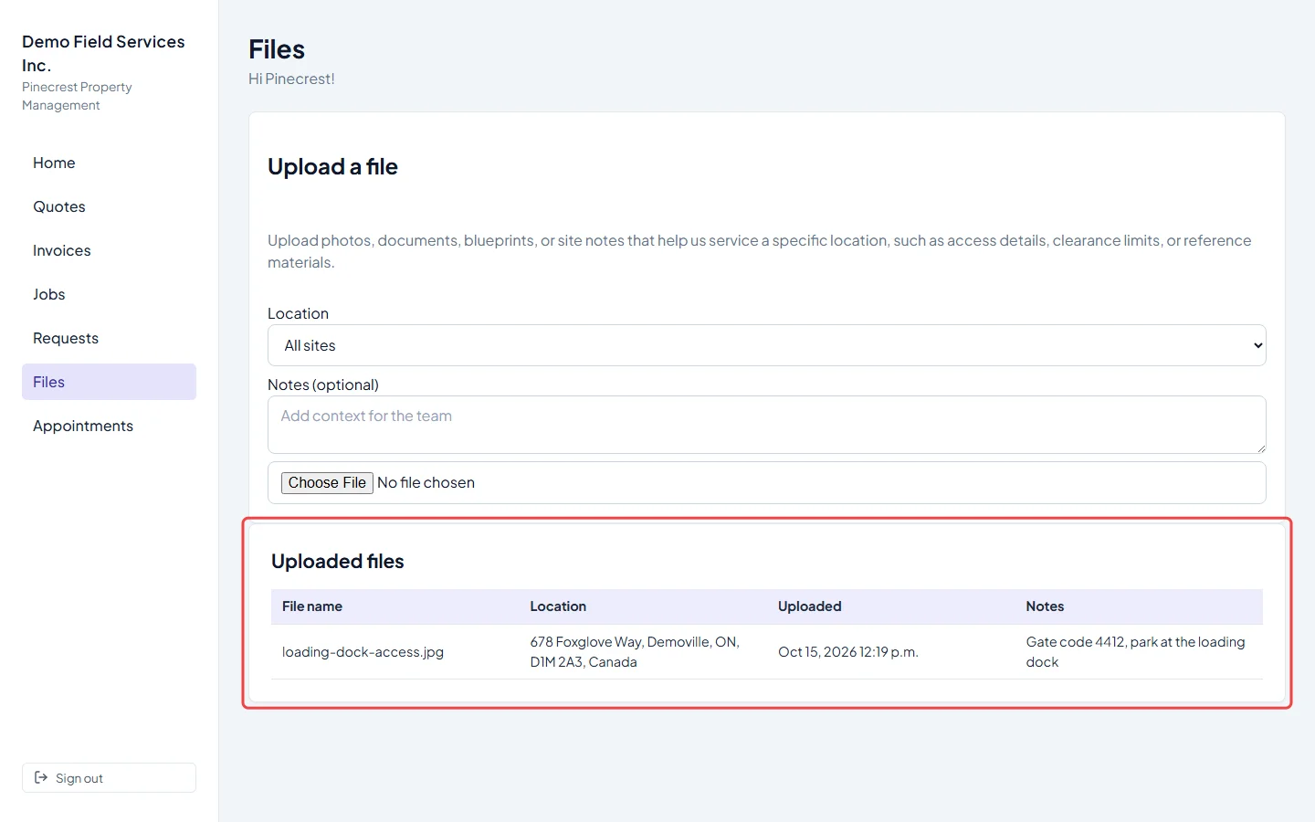 The Uploaded files list in the client portal
