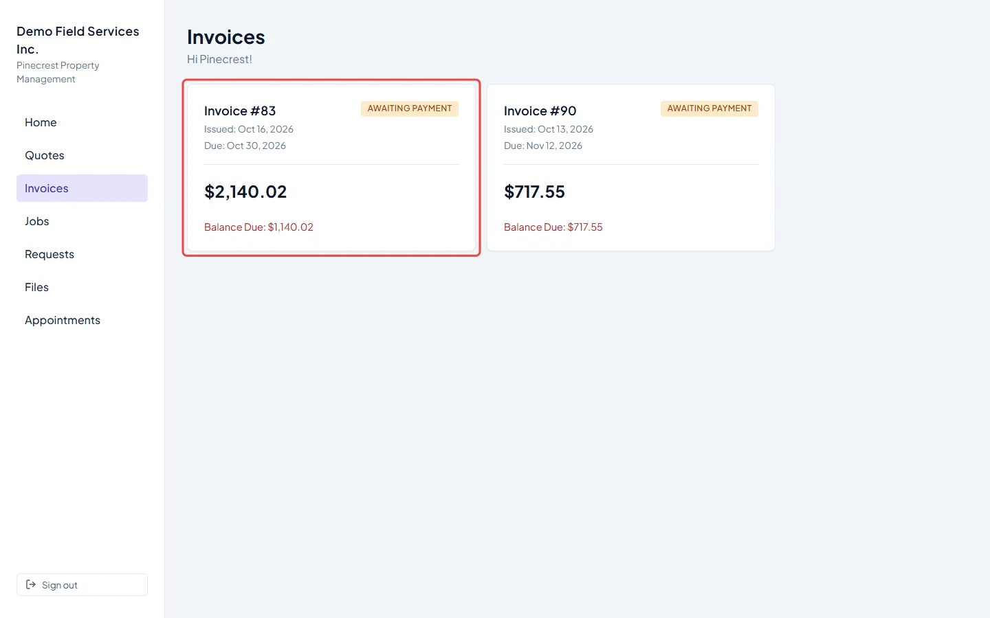 The Invoices list in the client portal with two invoice cards