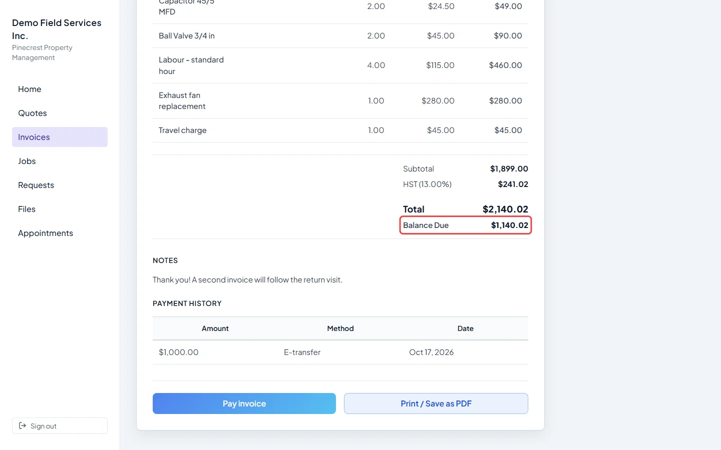 An open invoice in the client portal with its totals and balance due