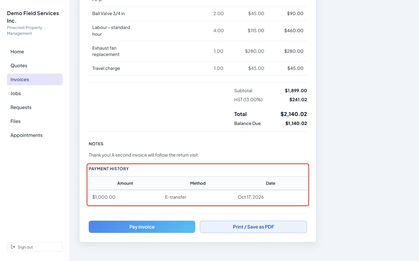 The Payment History table at the bottom of a part-paid invoice