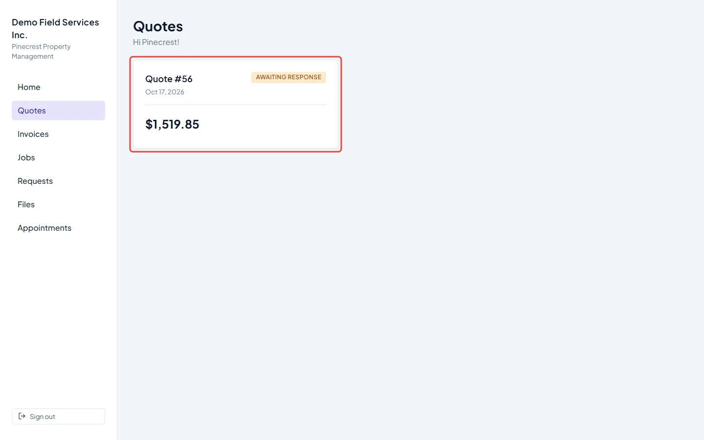 The Quotes list in the client portal with one quote card