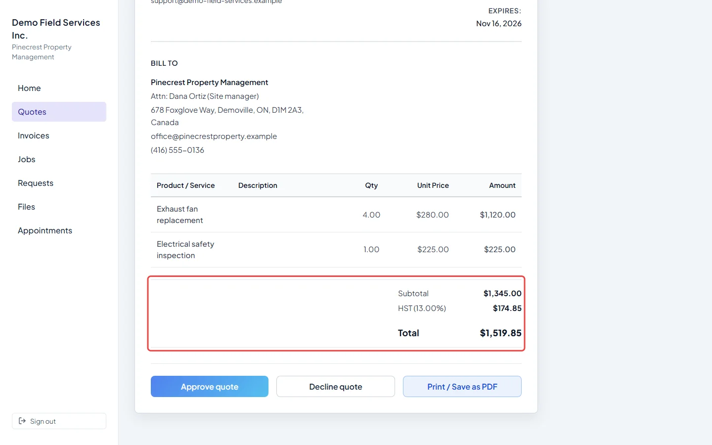 An open quote in the client portal showing the line items and totals