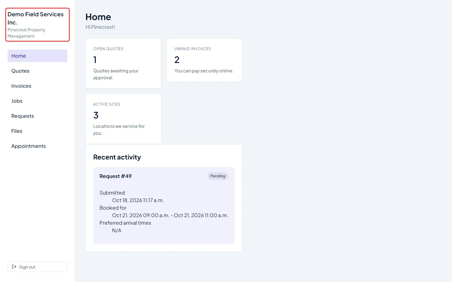 The client portal home page with the company name and client name in the menu
