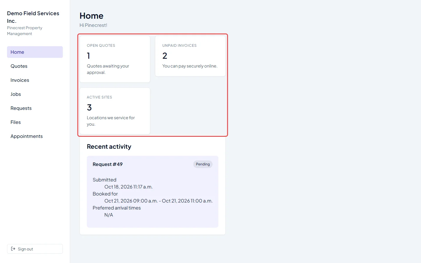 The Open quotes, Unpaid invoices and Active sites cards on the portal home