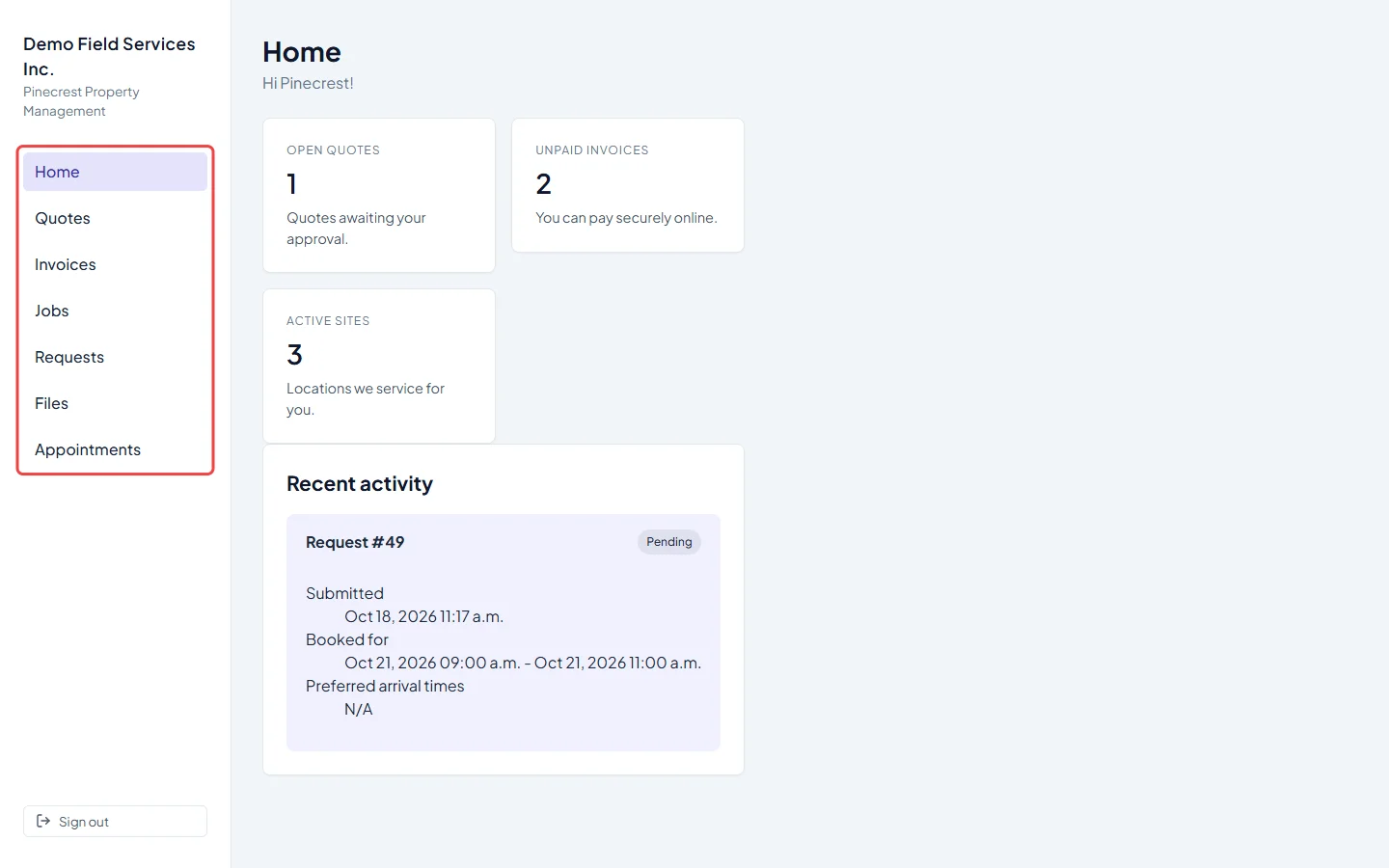 The portal menu listing Home, Quotes, Invoices, Jobs, Requests, Files and Appointments