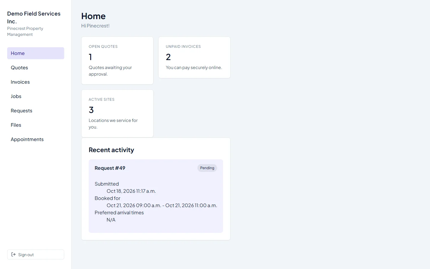 The client's portal home after opening the invite link