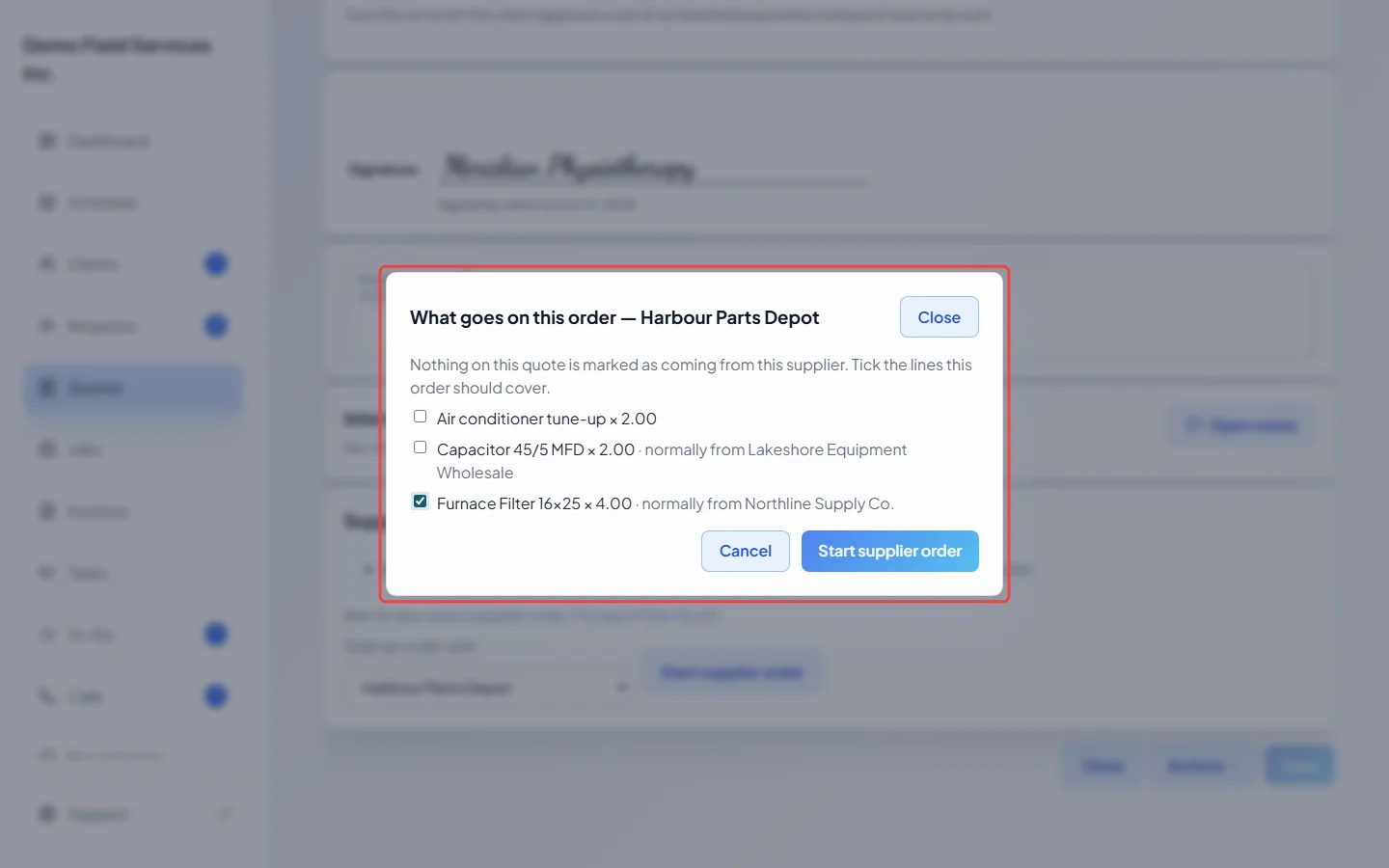 The window for choosing which lines go on a new supplier order