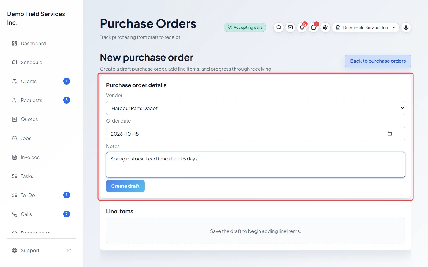 The new purchase order form with a vendor chosen