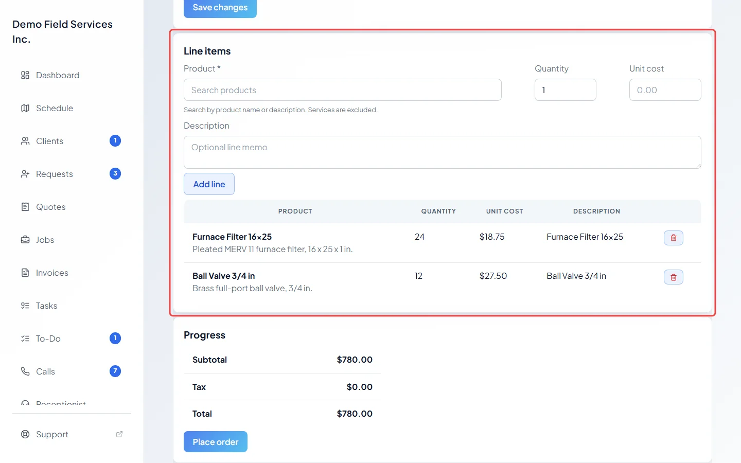 A draft purchase order with its line items