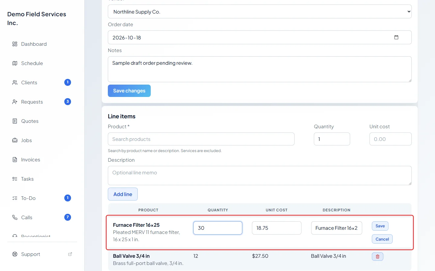 A line item being edited on a draft purchase order