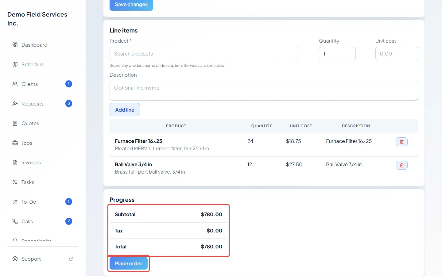 The Progress card with the totals and the Place order button