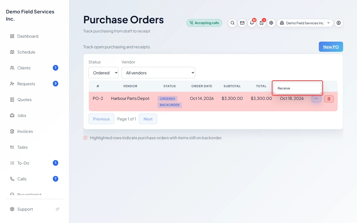 The purchase order list with the Receive choice in a row's menu