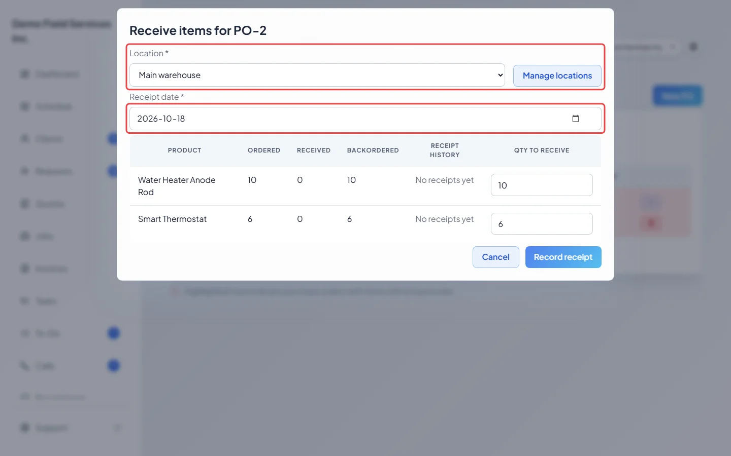 The receive window with the location and receipt date