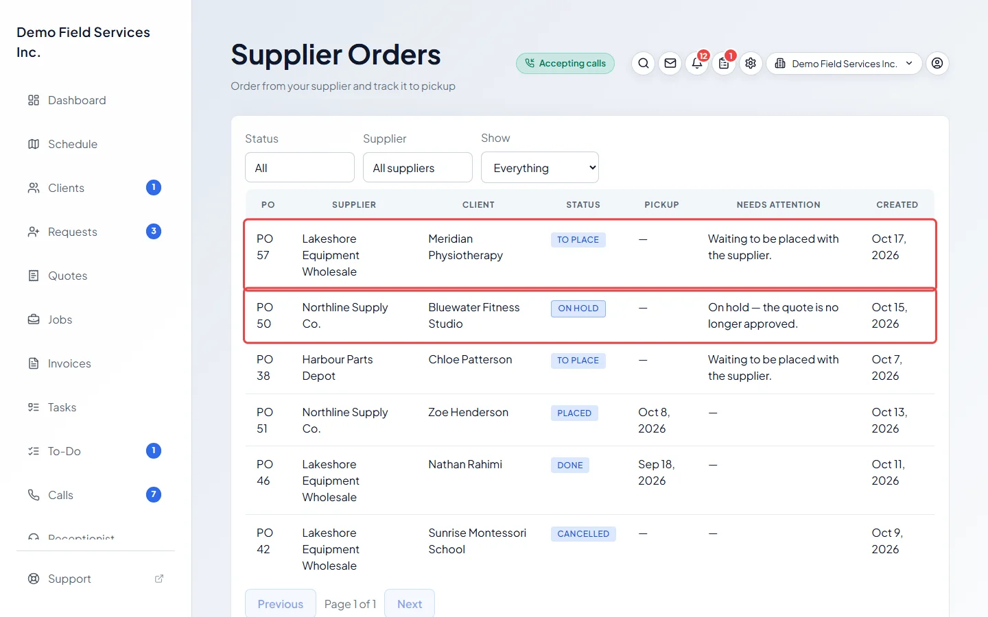 The supplier orders list with status, pickup date and what needs attention