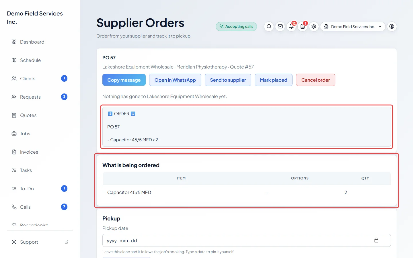 A supplier order waiting to be placed, with the message for the supplier