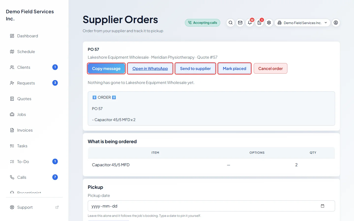 The Copy message, Open in WhatsApp, Send to supplier and Mark placed buttons