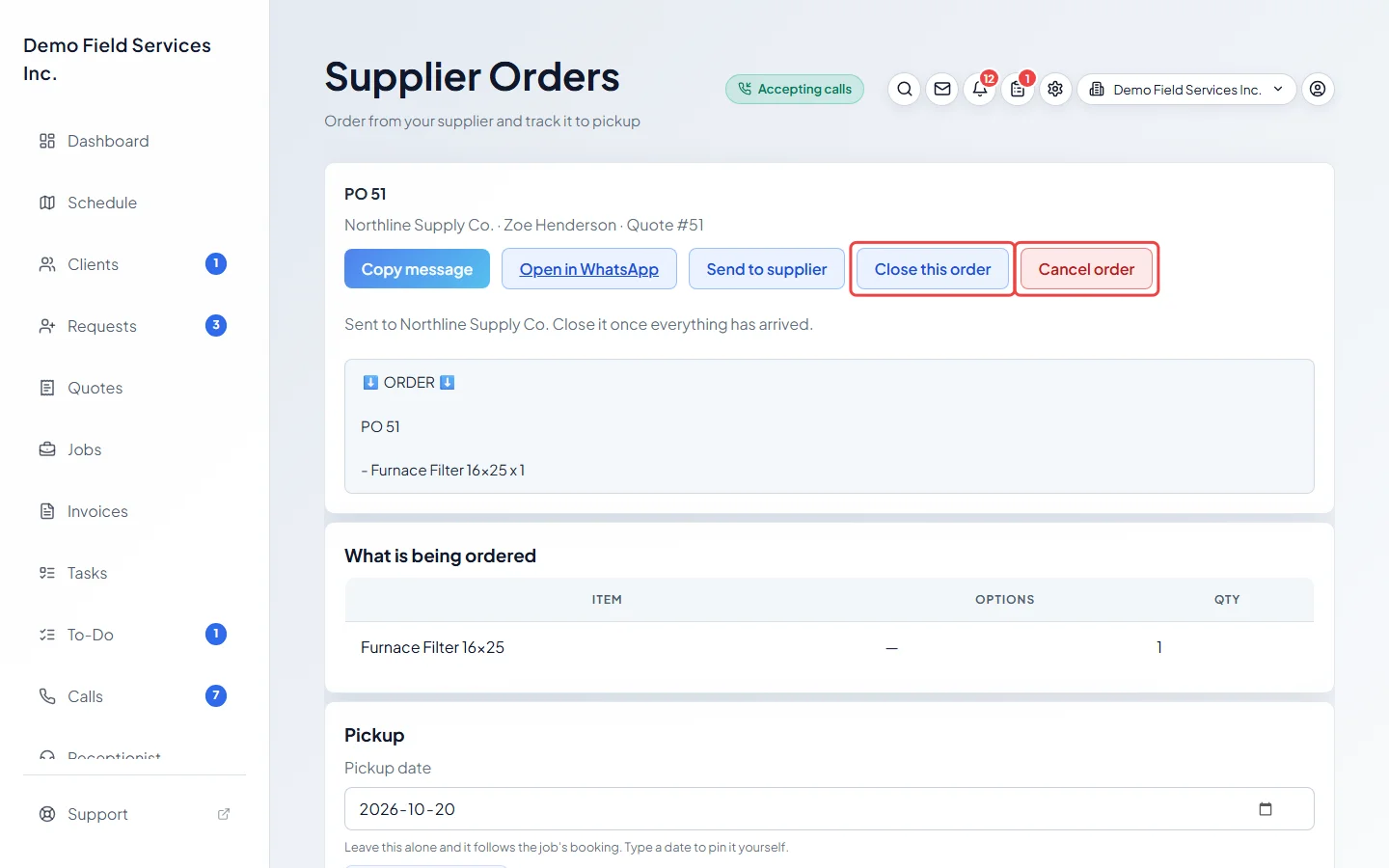 A placed supplier order with the Close this order and Cancel order buttons