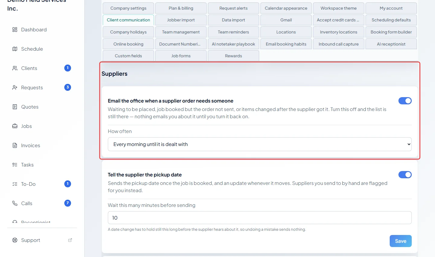 The Suppliers part of the client communication settings