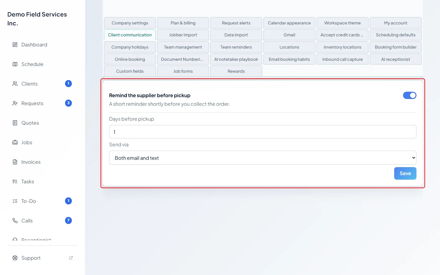The Remind the supplier before pickup setting with days and channel