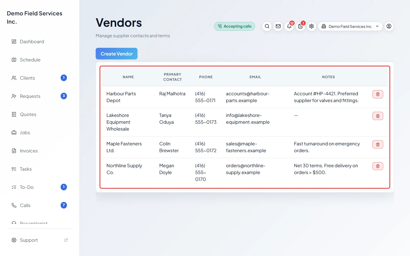 The vendors list with contact details