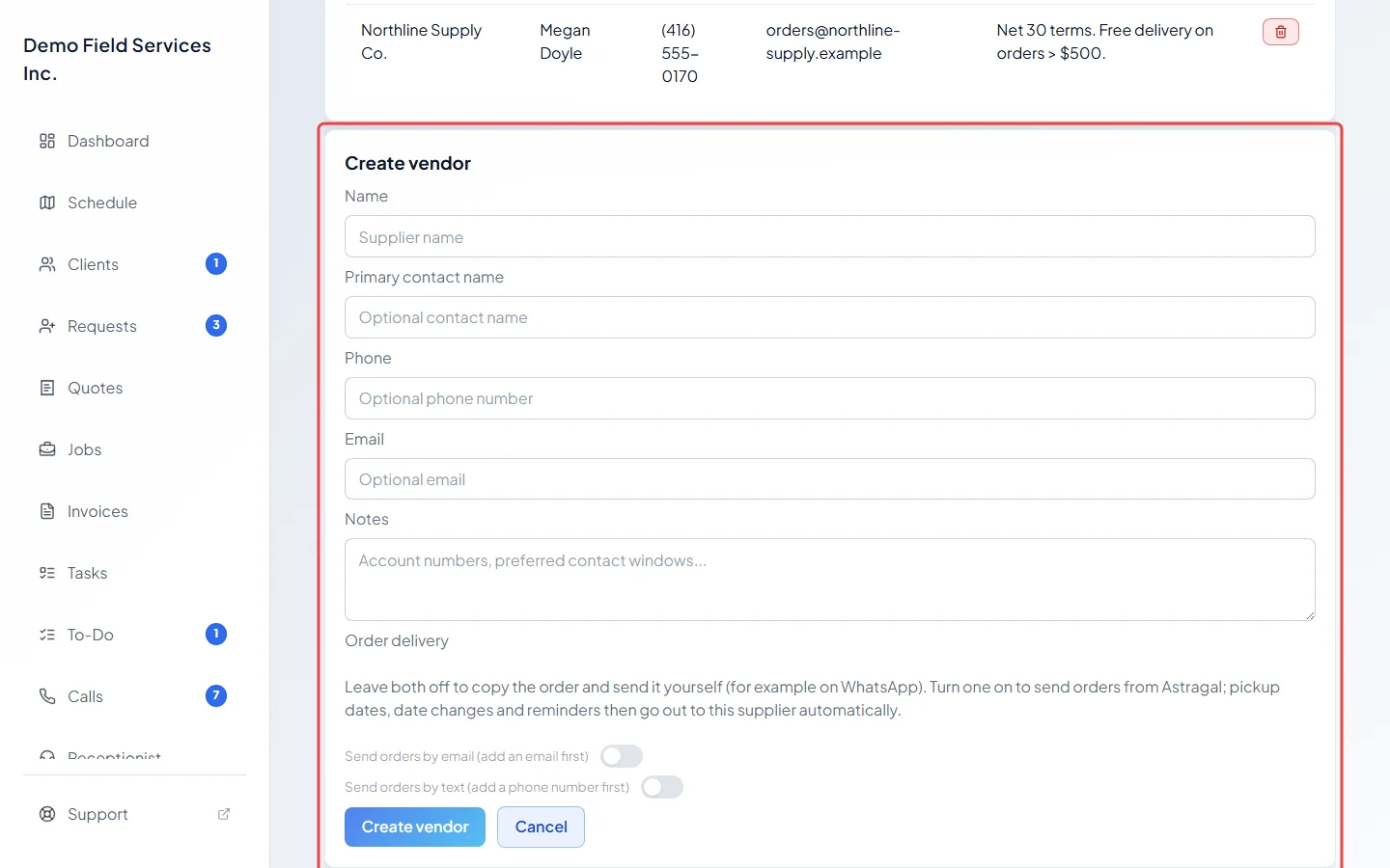 The empty Create vendor form